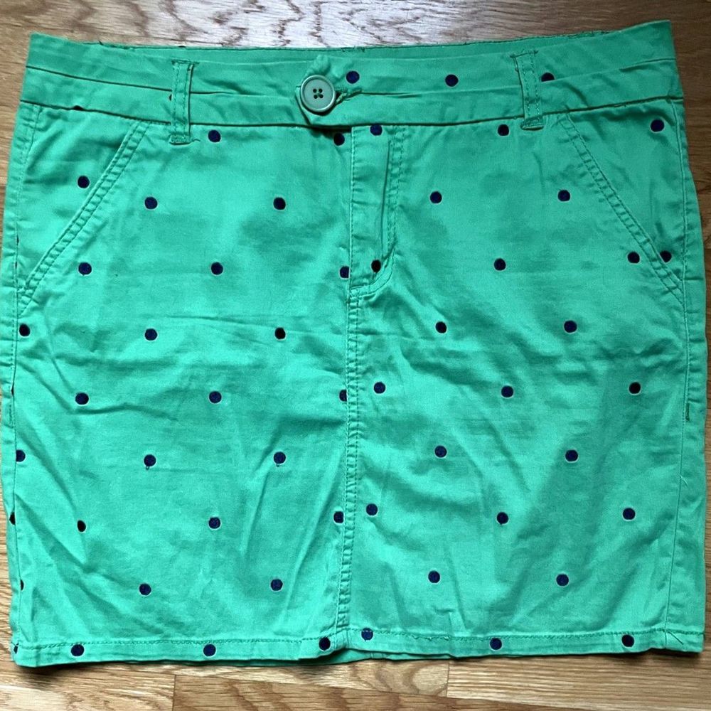 Telluride Clothing Co. Green Mini Skirt with Embroidered Navy Polka Dots-size 12